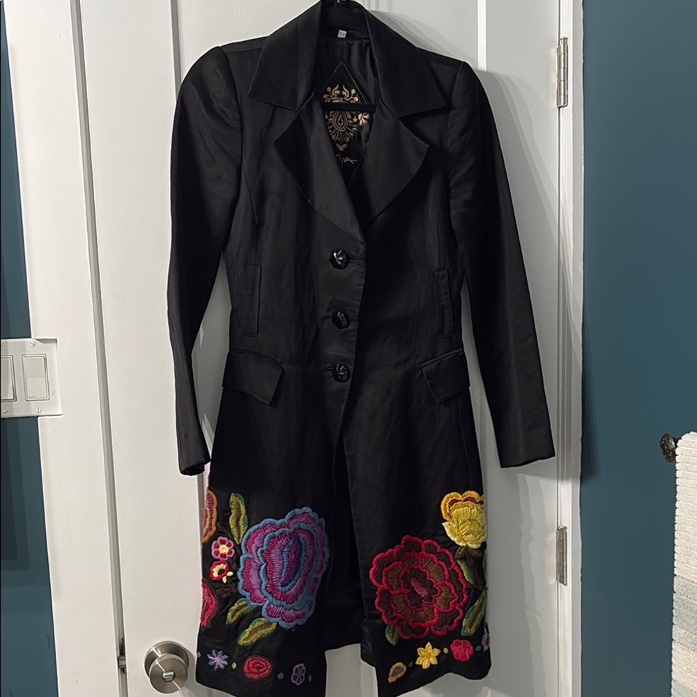 Black and Red Trench Coat with Decorative Embellishments
